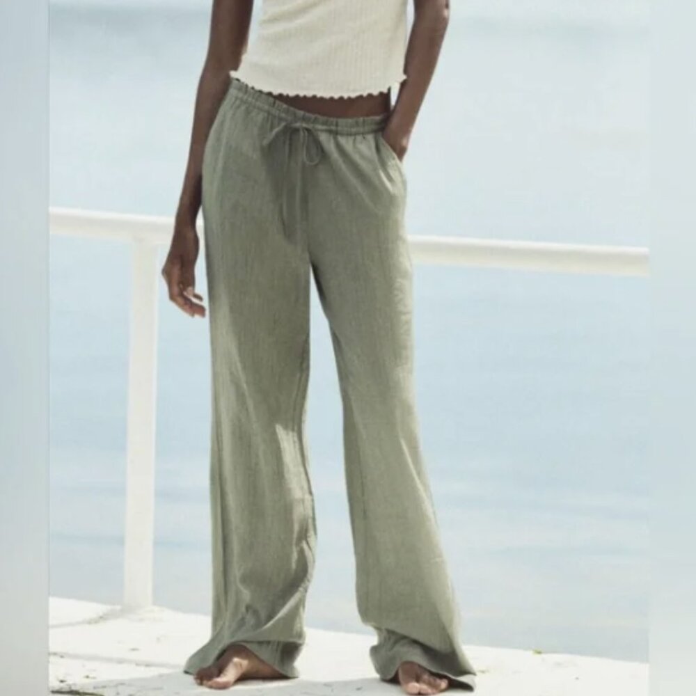 ZARA Sage Green Pull On Drawstring Lightweight Wide Leg Crinkle Pants XS